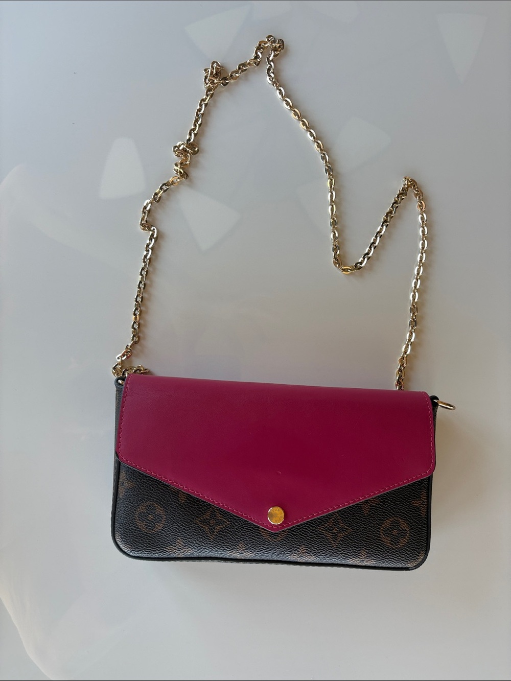Louis Vuitton Brown Monogram Crossbody with Fuchsia Flap and Gold Chain